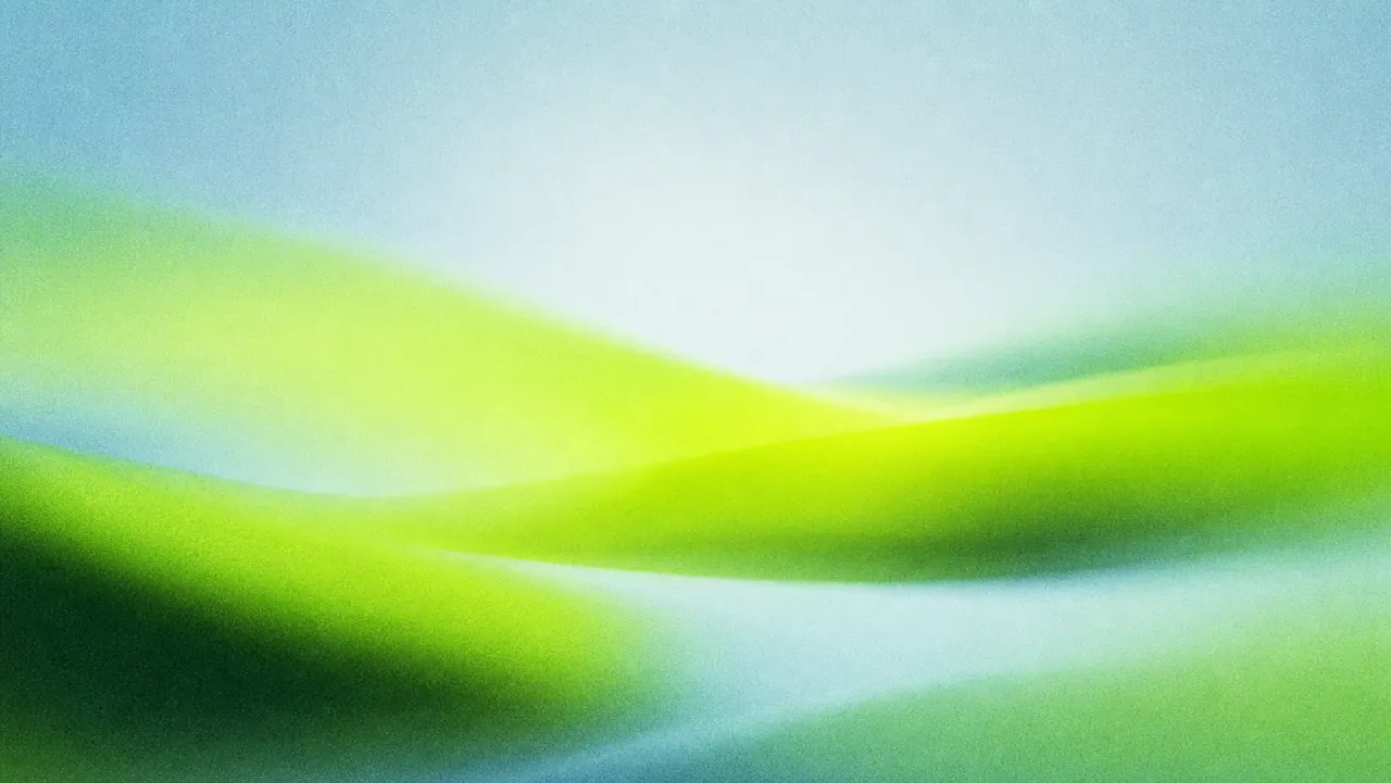 An abstract lime-green and icy-blue field of soft signal bands with grain and texture.